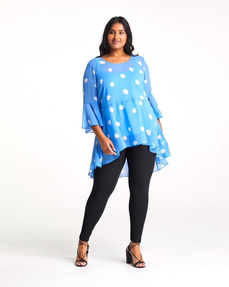 Front of a model wearing a size 1X Begin Again Ruffled High-Low Tunic in Turquoise/Milk by Estelle. | dia_product_style_image_id:235236